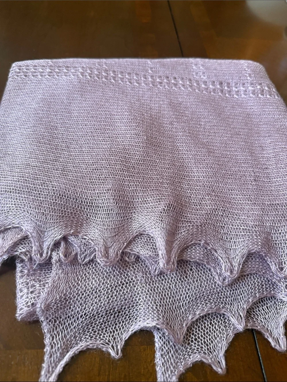 Vintage ca 1970’s Light Lavender mesh Knit Shawl Scarf 48x46” made in Japan